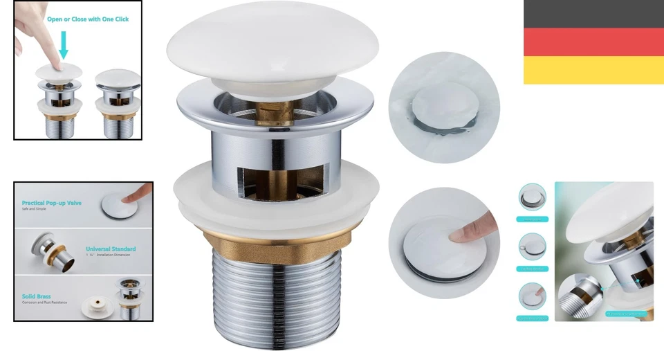 Ablaufgarnitur Waschbecken mit Überlauf Keramik Pop Up Ventil Weiß - Bild 2 von 4