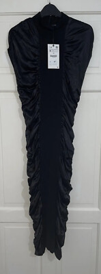 ZARA BLACK LONG GATHERED FITTED HIGH NECK MIDI KNIT SATIN CONTRAST DRESS  SIZE M | eBay