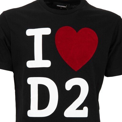 DSQUARED2 Cotton T-Shirt I Heart D2 Velvet Logo Black White Red