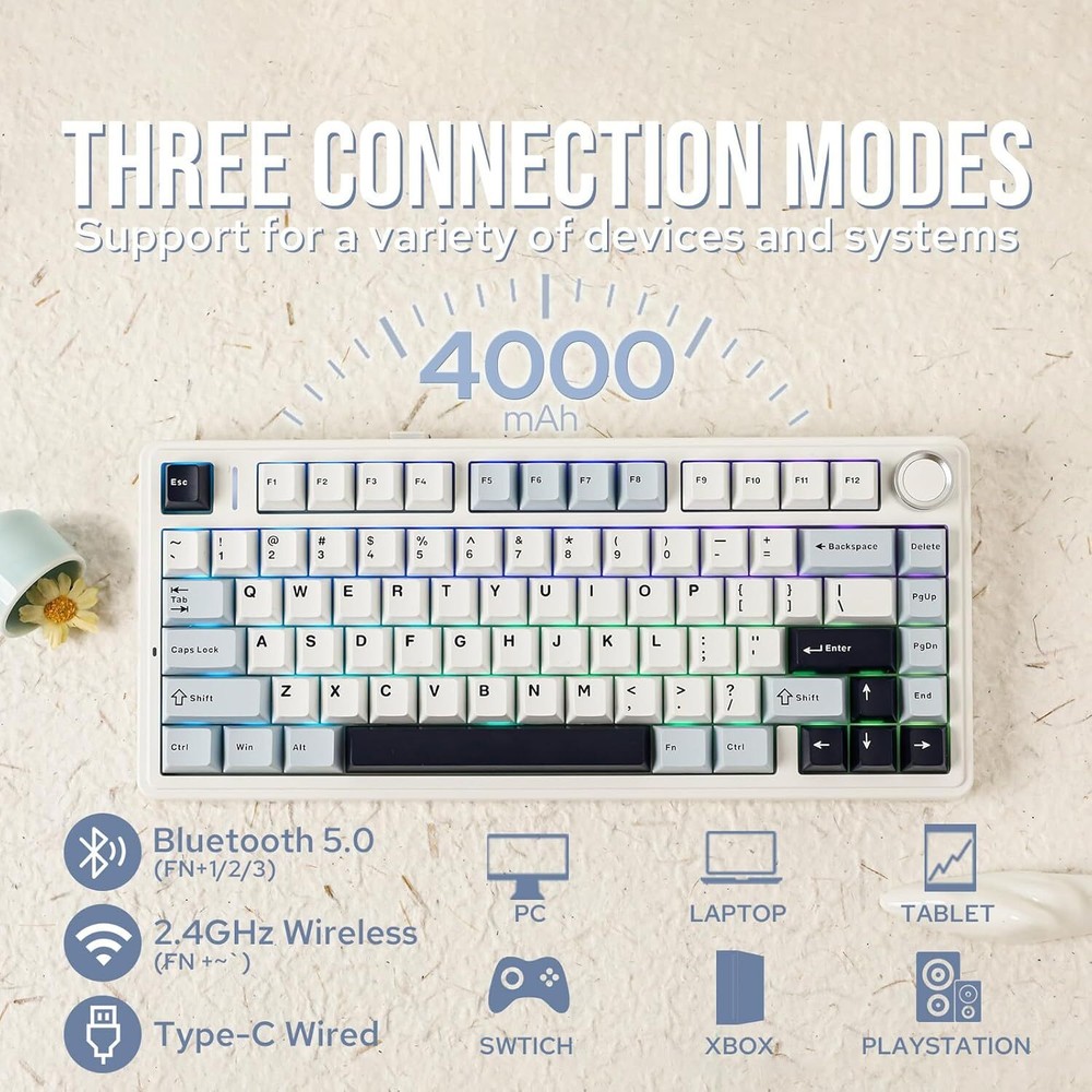 Mechanical Keyboard, 75% Wireless Hot Swap Gaming Keyboard with 5-Layer Padding