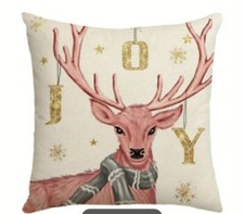 vintage style Christmas Pink Deer, gold Joy cushion Pillow Cover 17.7 17.7 NEW