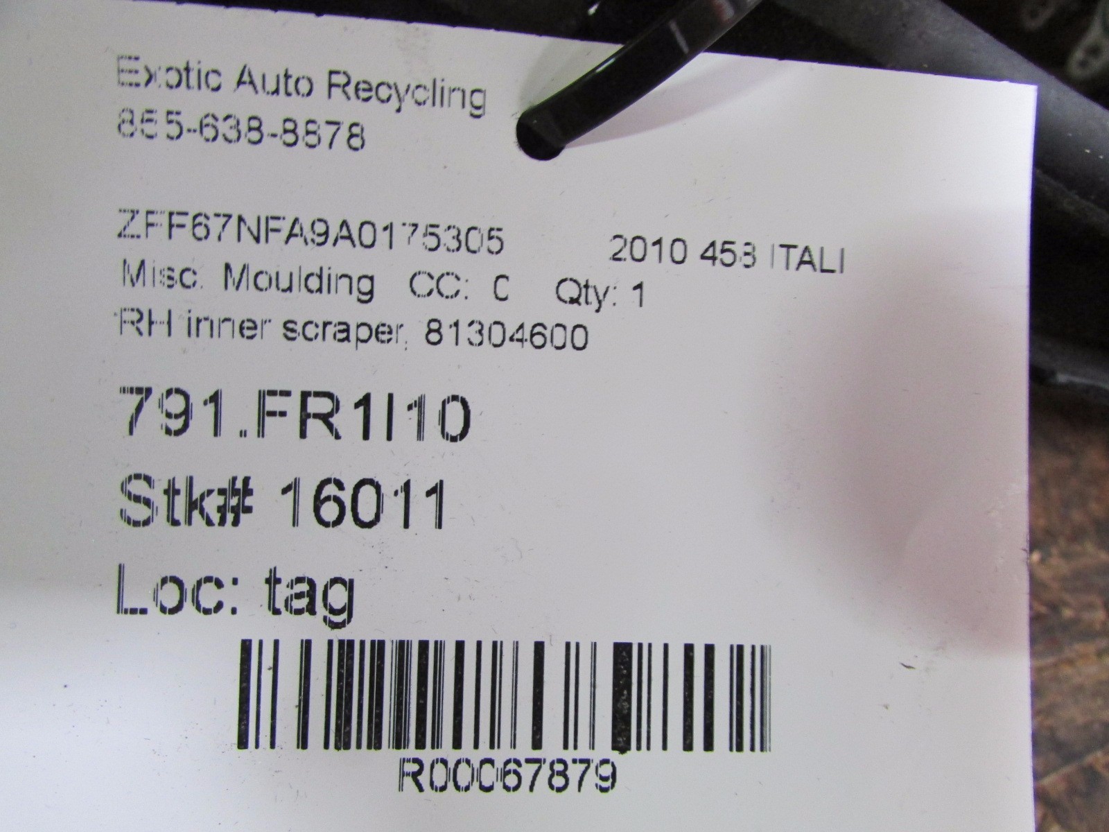 Ferrari 458 Italia, RH, Right Door Inner Gasket Seal Rubber, Used, P/N 81304600