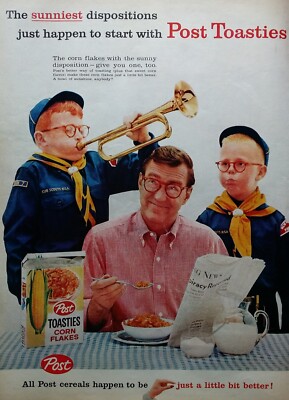1959 Post Toasties Cereal 2 Cub Scouts W Bugle Cheer Dad Vintage Photo Print Ad