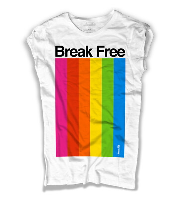 Damen T-Shirt Weiß Break Free Regenbogen Streifen Vintage Amazink