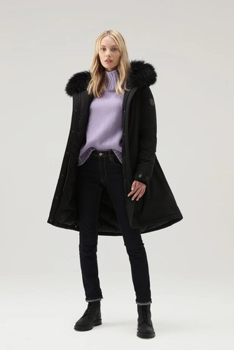 Woolrich Donna Parka Lungo Con Pelliccia Di Cashmere Nera - Foto 3 di 16