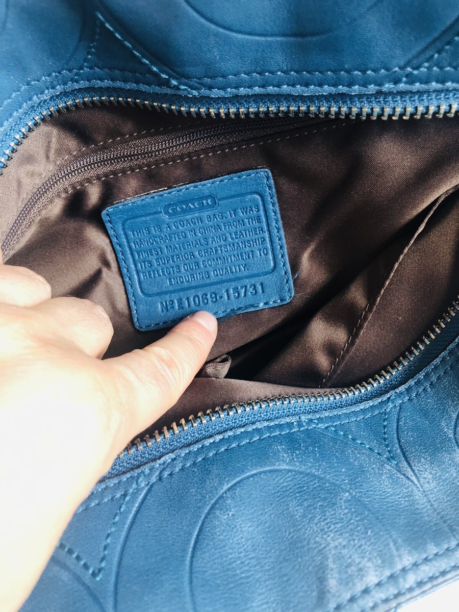 Coach Mia Embossed Signature C Blue Leather Tote Shoulder Bag  