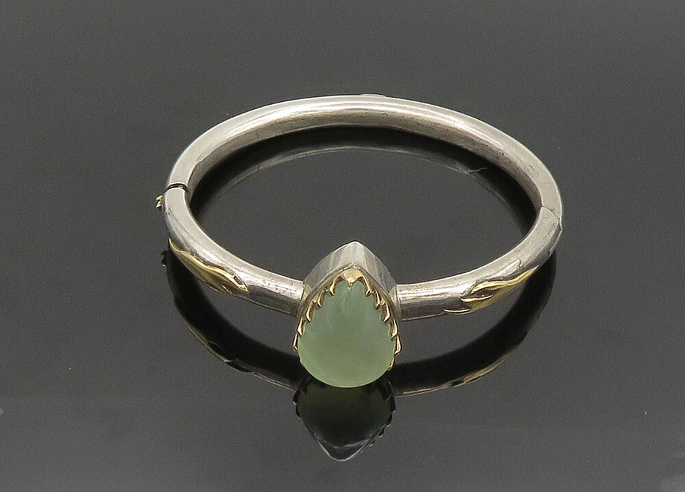 925 Silver & 14K GOLD  Vintage Cabochon Peridot Hinge Bangle Bracelet  BT8098 - Image 2 of 4