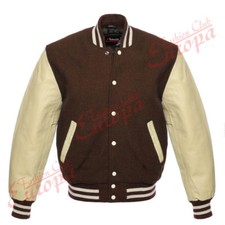 Image of Varsity Letterman Wool Cream Genuin Leather Sleeves Bomber Style Baseball Jacket