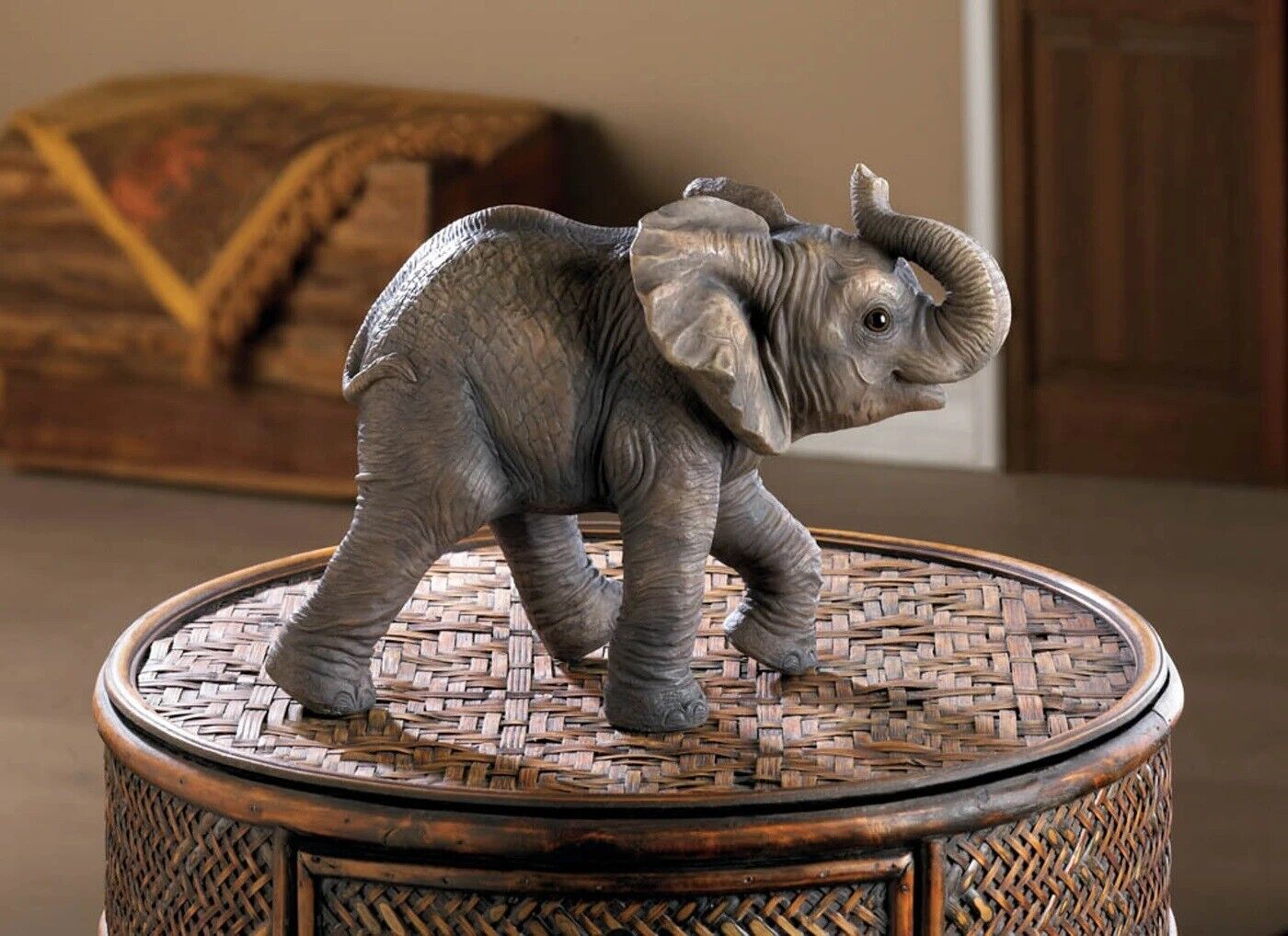 Realistic Gray Baby Elephant Sculpture Lucky Raised Trunk Figurine Decor Statue