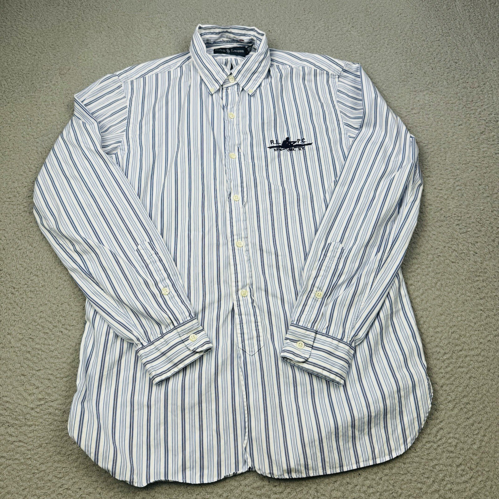 FILA Camicia VINTAGE RALPH LAUREN uomo blu medio righe bianche NY canottaggio club casual