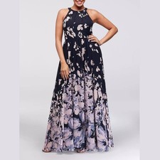 Betsy and Adam Abstract Floral Chiffon Tie-Back Gown maxi dress formal wedding