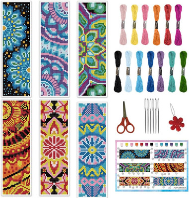 6PCS Mandala Cross Stitch Bookmark Kits 8''X2.4'' Floral Fabric Bookmark Making