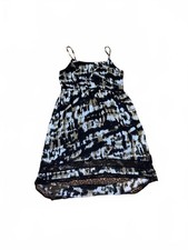 Black and Blue Patterned Spaghetti Strap Dress with Lace Hem