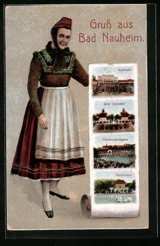 Grußkarten-AK Bad Nauheim, Kurhaus, Trinkkuranlagen, Teichhaus und Frau in Trac - Bild 1 von 2