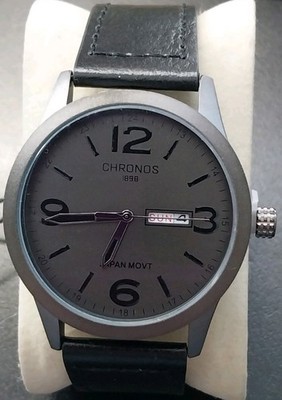 Chronos 1898 Day & Date Quartz Watch Leather Band Unworn Plastic on Dial & Back