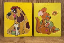 Vintage Playskool Kid Puzzle Dog Kangaroo Flocked Wood Plastic Tray