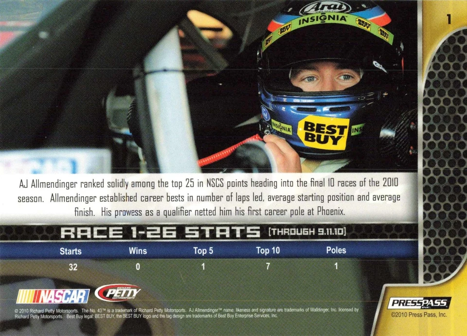 A.J. Allmendinger 2011 Press Pass #1 Richard Petty Motorsports Racing - Image 2 of 2
