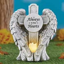 Solar LED Angel Wings Cross IN OUR HEARTS Memorial Garden Statue Outdoor Decor