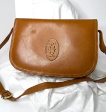 Vintage Genuine Leather Crossbody Bag Oval CC Monogram Logo Cognac Tan