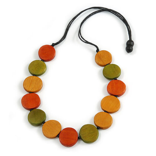 Worn Effect Orange/ Olive/ Light Brown Wood Button Bead Necklace with Black - Afbeelding 1 van 4