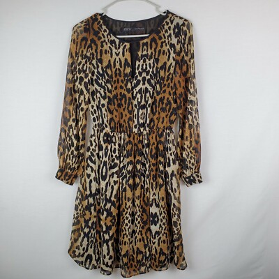 Zara Basic XS Animal Printed Brown Sheer Lined Dress Elastic Waistband 