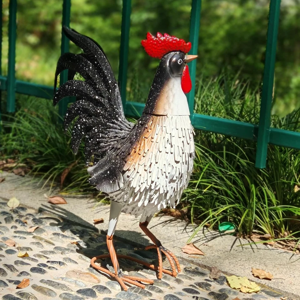 Gallo de metal jardín estatua gallo pollo patio arte exterior interior césped decoración Foto 4 de 4