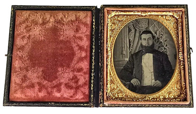 Antique Ambrotype Photo Full Case Handsome Bearded Man Ornate Background Tinted