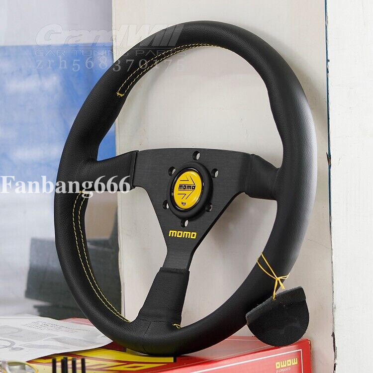 Veloce Racing V1 350mm Genuine Leather Yellow button Sport MOMO