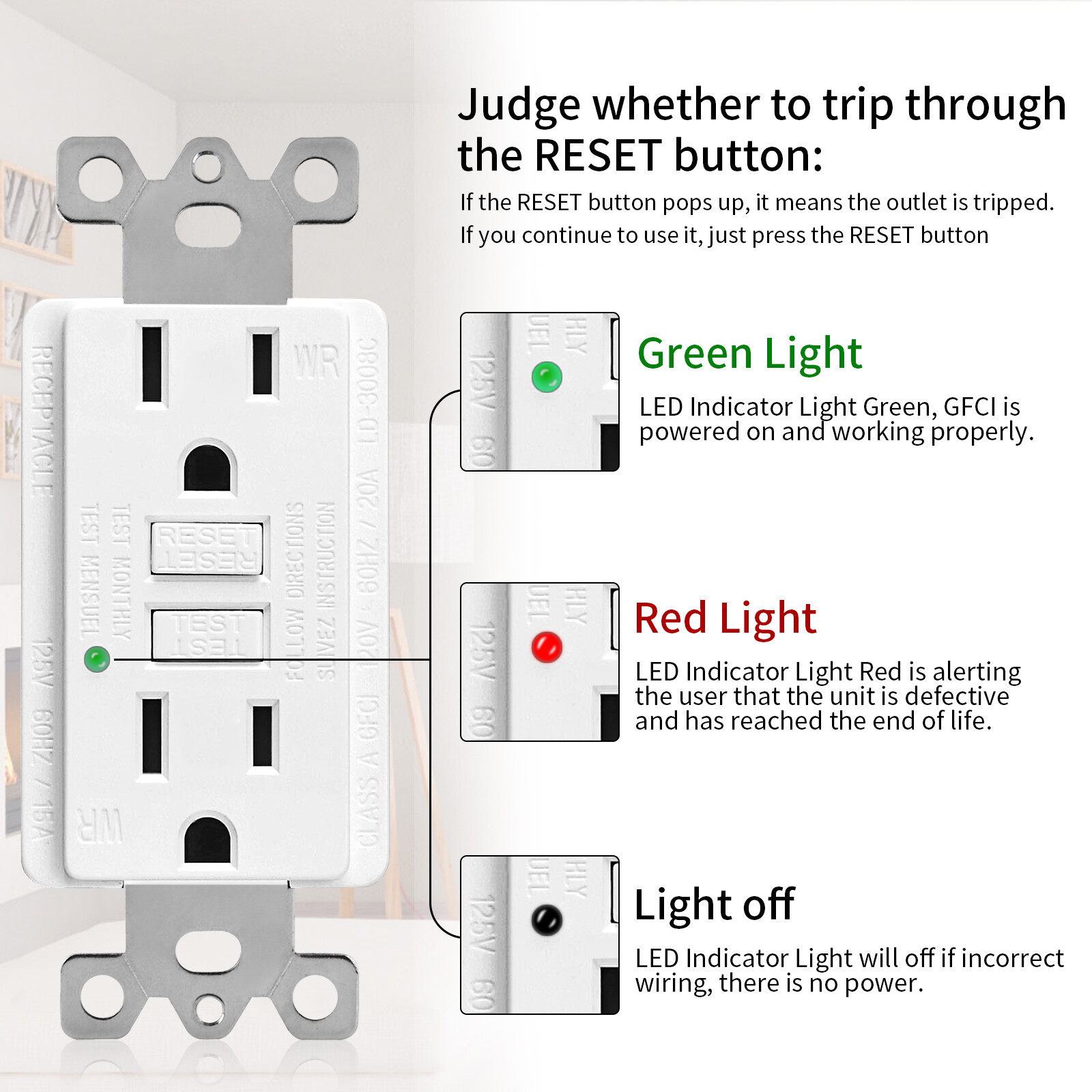 ELECTECK Paquete De 5 Salidas GFCI De 15 Amperios, Resistentes A La Intemperie Al Aire Libre Wr Receptaculos Gfi De Autoprueba Con Indicador Led - Foto 7