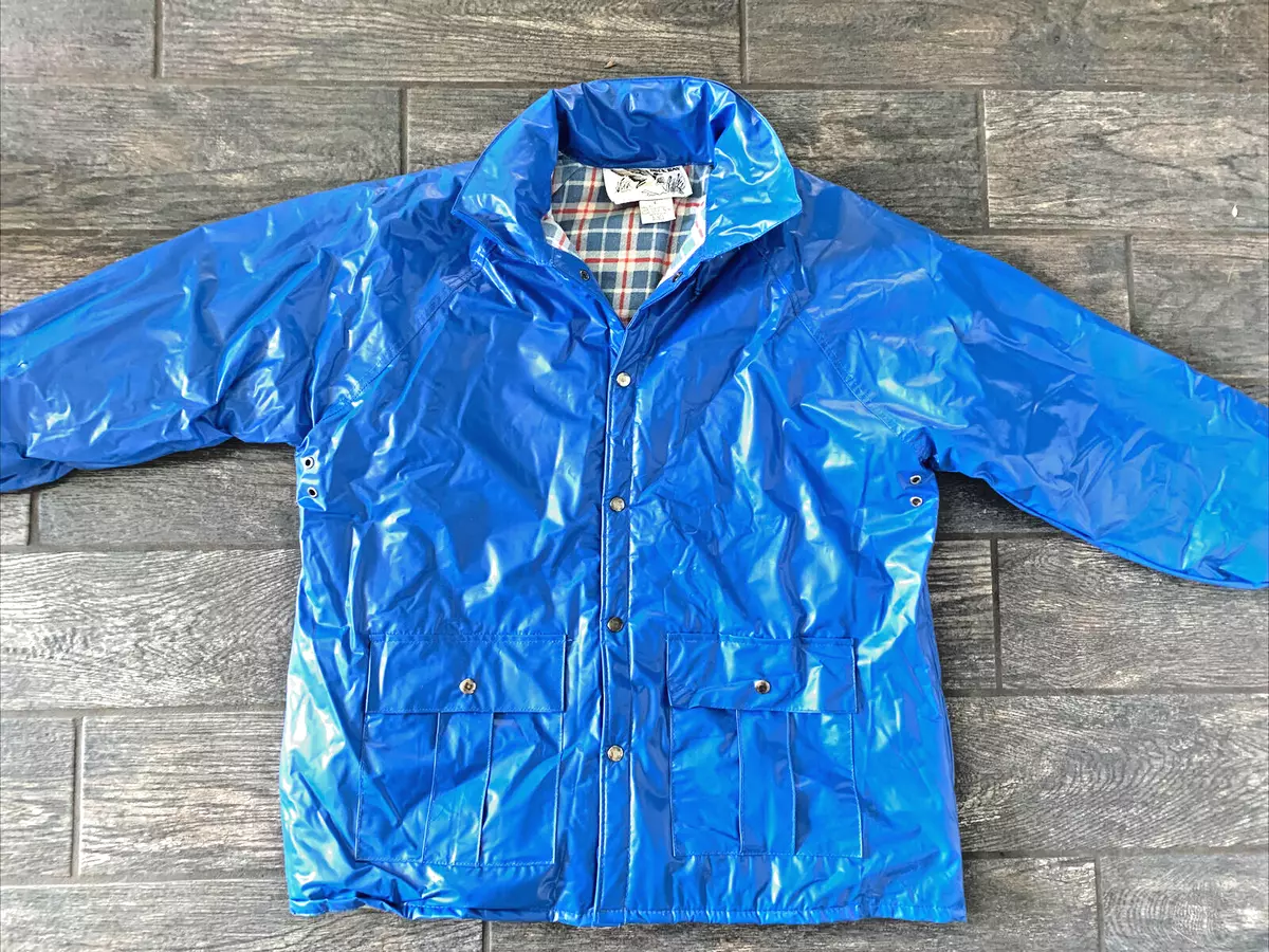 Vintage Duck Bay BLUE PVC Collared Snap Rain Jacket Size L