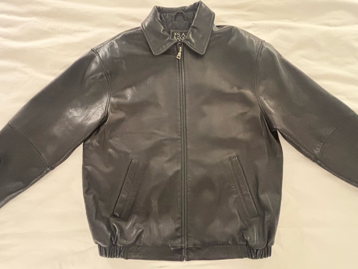 Jos. A. Bank Signature Collection Black Leather Bomber Jacket Size