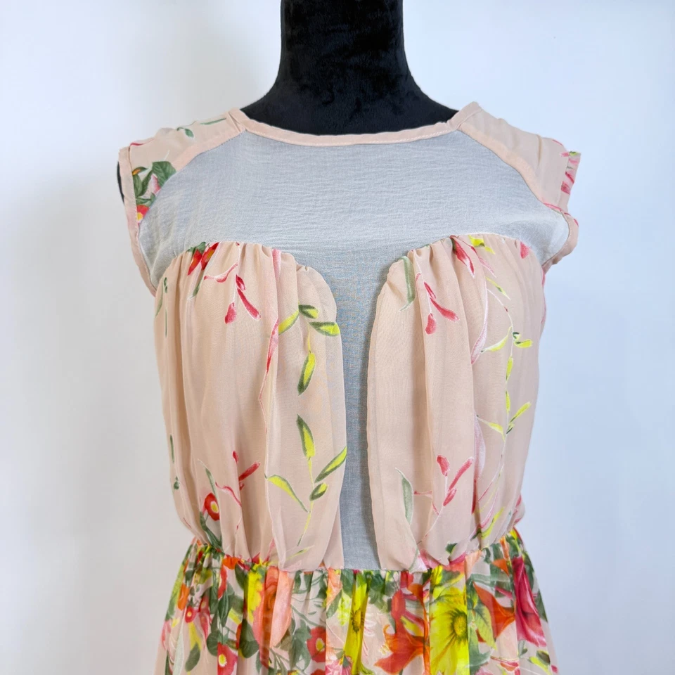 Floral Chiffon Fit and Flare Dress Size Small? Peach Sheer Details Feminine Y2K - Image 2 of 4