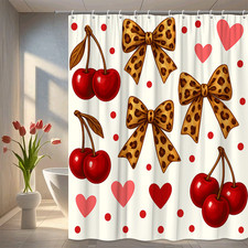 Cute Cherry and Bow Shower Curtain, Fun Floral Design, Kids Bathroom Decor