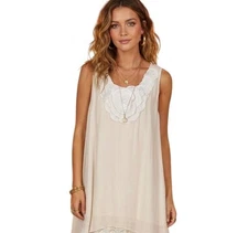 Babydoll Sleeveless Sundress Tunic Mini Dress M Gauze Beige Resort Cruise Flowy