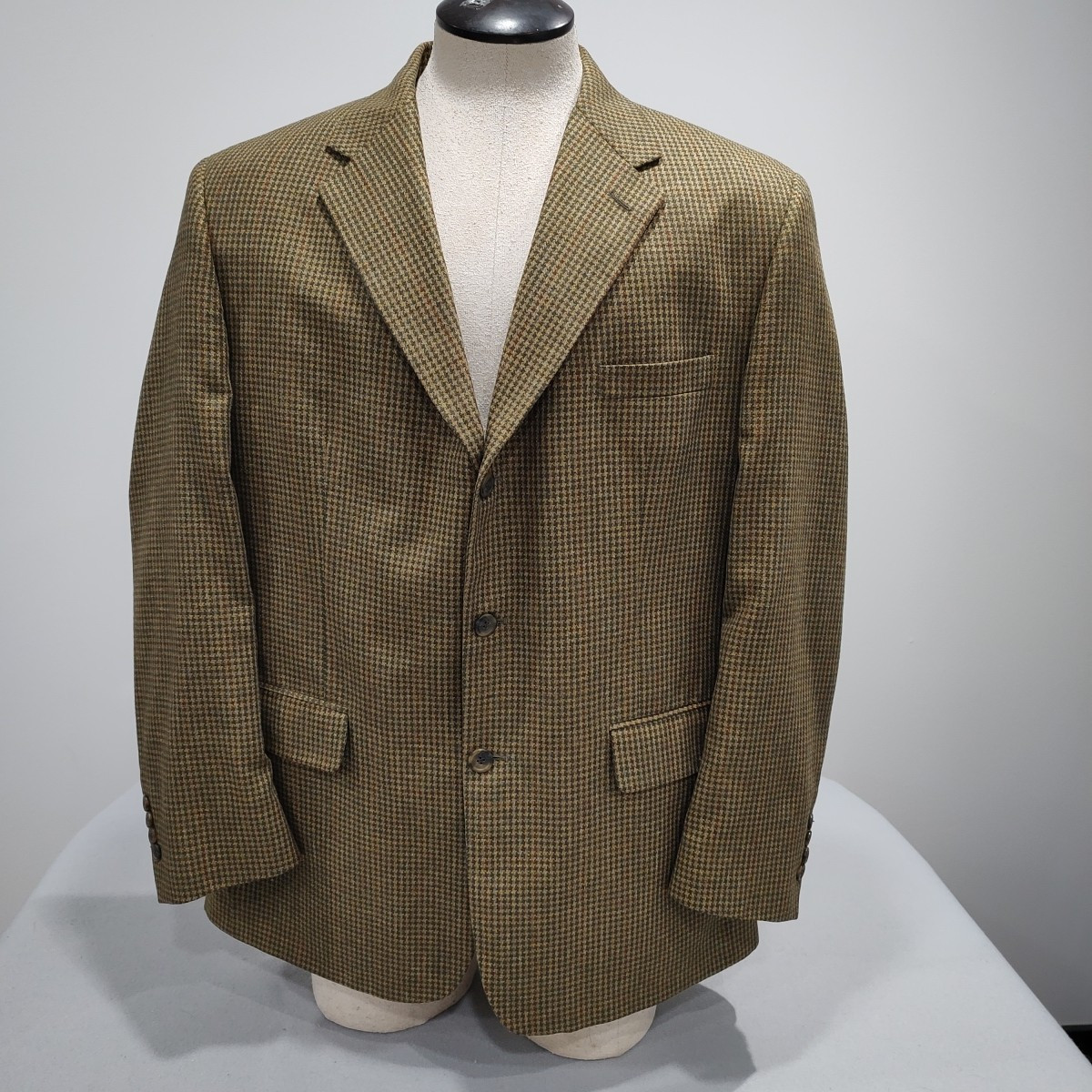 Paul Frederick Men’s 100% Silk Houndstooth Blazer Gold Green USA Vtg Jacket  44R