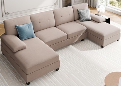 U Shaped Sectional Couch 106 inch 4 Seat Armrest Beige