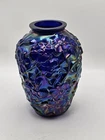 Fenton Carnival Glass Cobalt Blue Dogwood Irridescent 7" Vase BEAUTIFUL