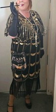 Womens 1920s Flapper Gatsby Sequin Fringe Dress Black Gold Size 12/14