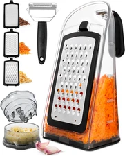 Cheese Grater with Garlic Crusher- Box Grater Vegetable Shredder with 3 Stainles