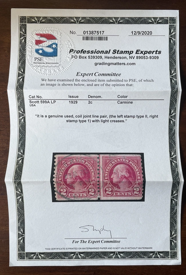 US Stamps; Scott #599A  Coil Joint LP Type I & Type II USED W/PSE Cert $1100 - Image 2 of 4
