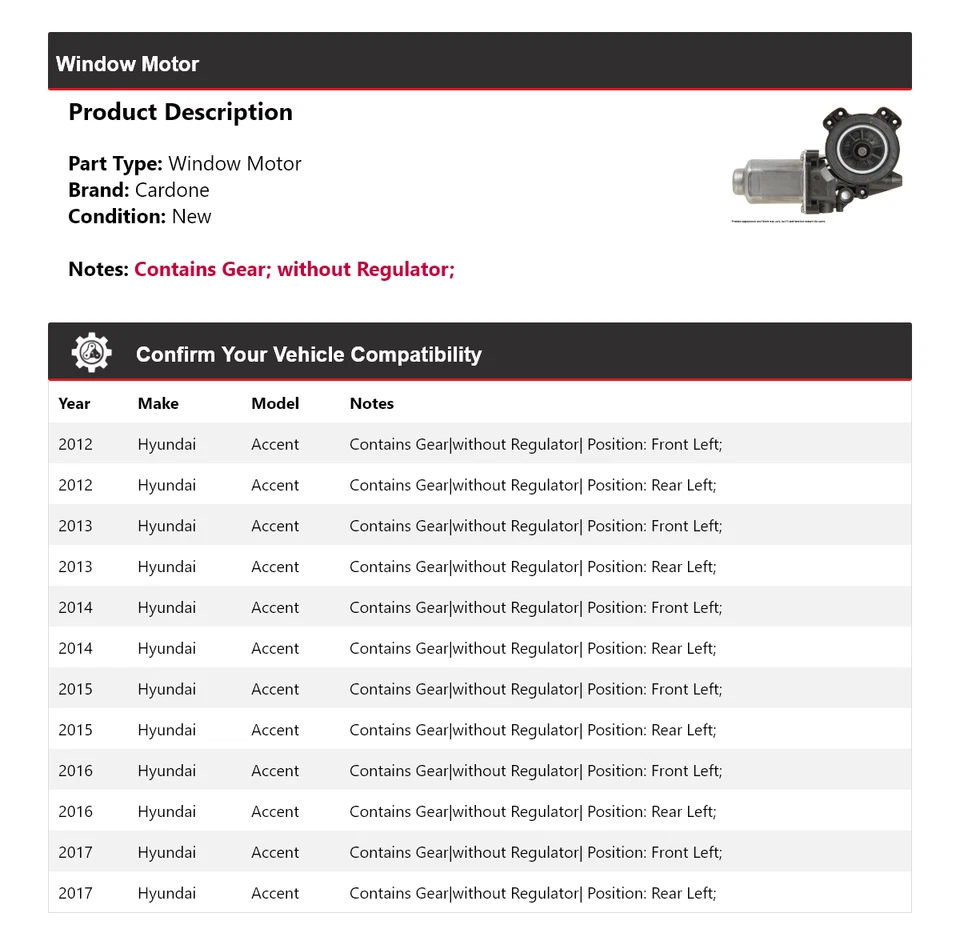 Para 2012-2017 Hyundai Accent Window Motor Cardone 2013 2014 2015 2016 - Imagem 2 de 4
