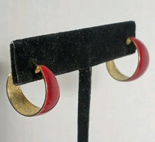 Vintage Gold Color And Enamel Small RED Hoops Pierced Earrings