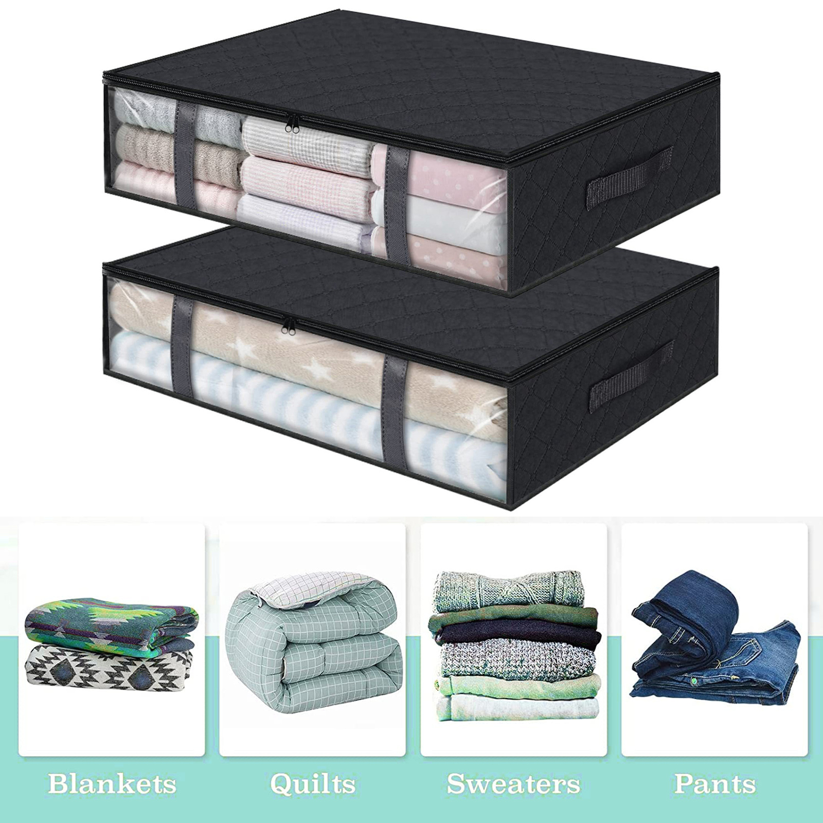 2pcs Clothes Container Visual Window Store under Bed Blanket Storage ...