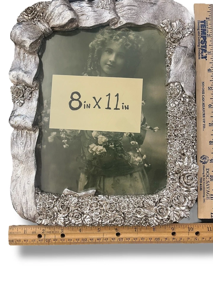 Ornate Silver Leafed Pair of Frames 3D Flowers, Bows, Swag Vintage 80's - Image 3 of 4