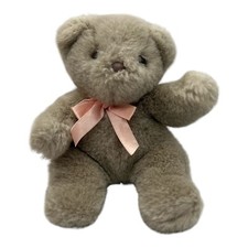 Heartline Teddy Bear Vintage 1987 Stuffed Animal Plush Gray Bear Pink Bow 8