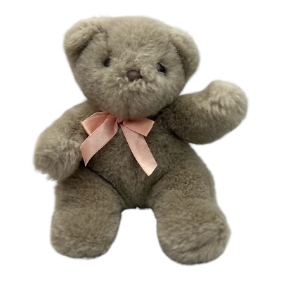 Heartline Teddy Bear Vintage 1987 Stuffed Animal Plush Gray Bear Pink Bow 8 