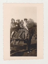 Cuatro lindos bebés niñas y niños en un caballo bonita instantánea de foto an...