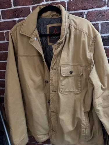 prAna Men's Tan Quilted Lined Canvas Jacket Size L Snap Front Work Coat - product listing photo