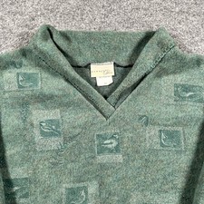 Bernies Glen Fleece Pullover Mens Size XL Green Bird Nature Print USA Made Vneck