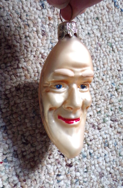Vintage Glass Christmas Ornament Half Moon with Face Glitter West Germany